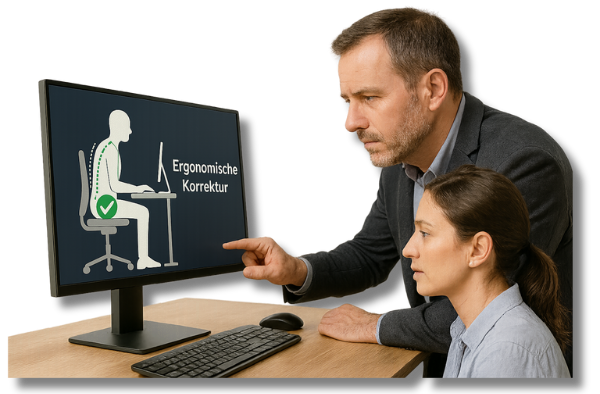 Symbolbild für einen Professioneller Ergonomie Check. Ein Ergonomie-Experte zeigt einer Mitarbeiterin am Bildschirm eine grafische Analyse zur Sitzhaltung mit klaren Korrekturen.