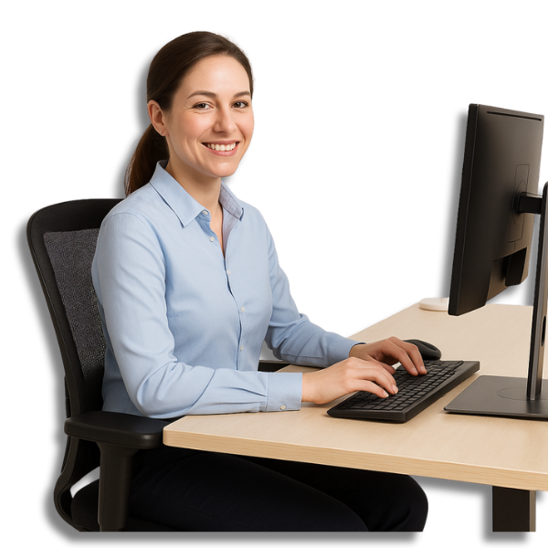 Junge Frau sitzt entspannt und lächelnd an einem modernen Schreibtisch mit ergonomischem Stuhl und Bildschirm. Symbolbild für einen gesunden Arbeitsplatz im Büro.
